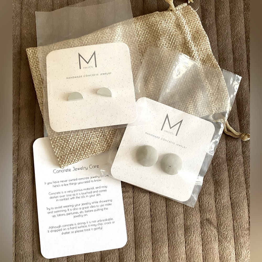 New Artisan Handmade Concrete Stud Earrings Set of 2